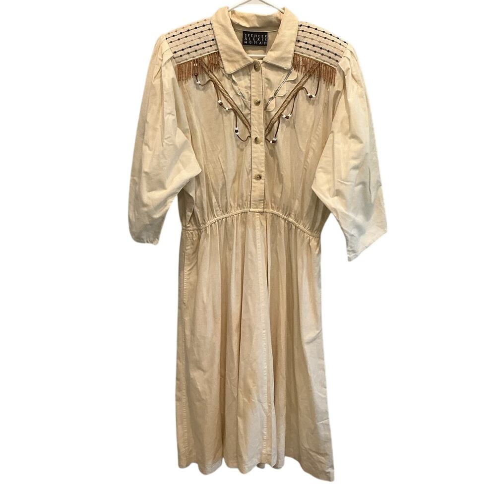 Vintage Spencer Alexis Womens Western Shirt Dress Cream Fringe Beading Cowboy 16